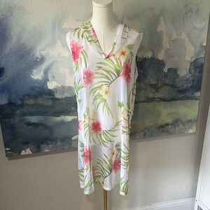 L White Tropical Floral Sleeveless Cover Up with Hood Pink Green Print Sheer